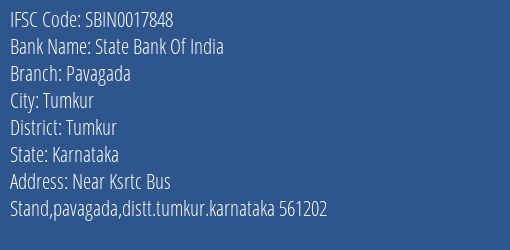State Bank Of India Pavagada Branch Tumkur IFSC Code SBIN0017848