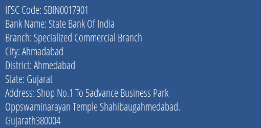 State Bank Of India Specialized Commercial Branch Branch IFSC Code