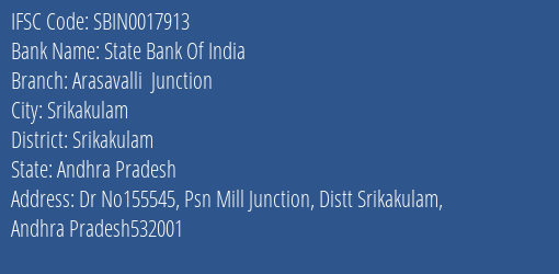 State Bank Of India Arasavalli Junction Branch, Branch Code 017913 & IFSC Code SBIN0017913