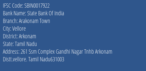 State Bank Of India Arakonam Town Branch Arkonam IFSC Code SBIN0017922