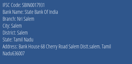 State Bank Of India Nri Salem Branch, Branch Code 017931 & IFSC Code Sbin0017931