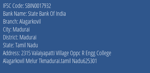 State Bank Of India Alagarkovil Branch Madurai IFSC Code SBIN0017932