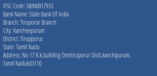State Bank Of India Tiruporur Branch Branch Tirupporur IFSC Code SBIN0017933