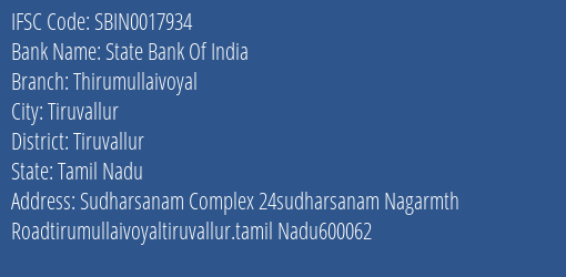 State Bank Of India Thirumullaivoyal Branch, Branch Code 017934 & IFSC Code Sbin0017934