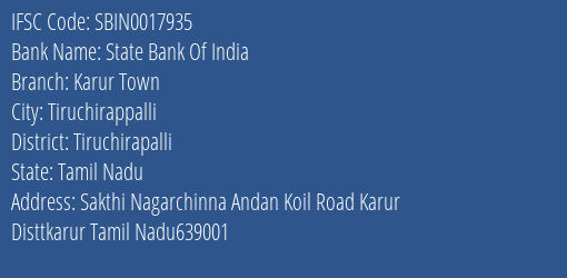 State Bank Of India Karur Town Branch Tiruchirapalli IFSC Code SBIN0017935