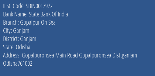 State Bank Of India Gopalpur On Sea Branch Ganjam IFSC Code SBIN0017972