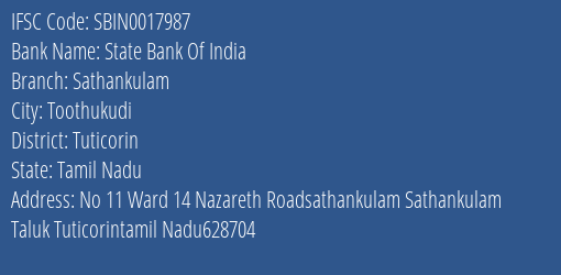 State Bank Of India Sathankulam Branch Tuticorin IFSC Code SBIN0017987