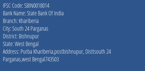 State Bank Of India Khariberia Branch Bishnupur IFSC Code SBIN0018014