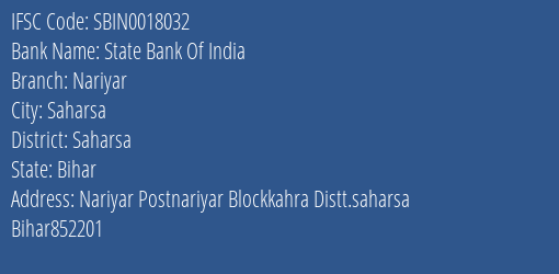 State Bank Of India Nariyar Branch Saharsa IFSC Code SBIN0018032
