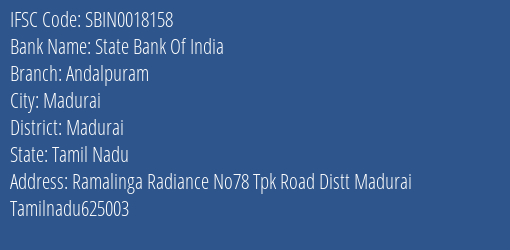 State Bank Of India Andalpuram Branch Madurai IFSC Code SBIN0018158