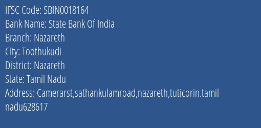 State Bank Of India Nazareth Branch, Branch Code 018164 & IFSC Code Sbin0018164