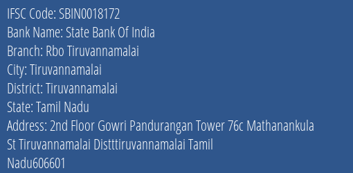 State Bank Of India Rbo Tiruvannamalai Branch Tiruvannamalai IFSC Code SBIN0018172