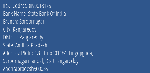 State Bank Of India Saroornagar Branch Rangareddy IFSC Code SBIN0018176