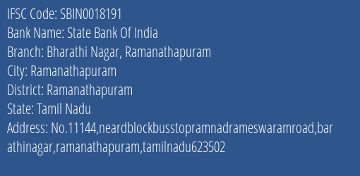 State Bank Of India Bharathi Nagar Ramanathapuram Branch Ramanathapuram IFSC Code SBIN0018191