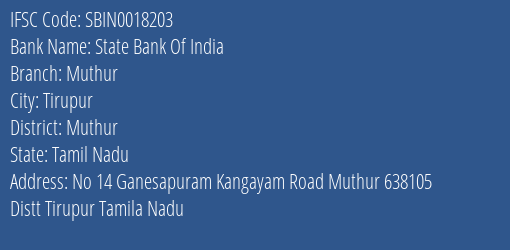 State Bank Of India Muthur Branch Muthur IFSC Code SBIN0018203