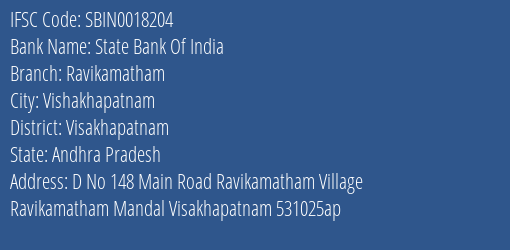 State Bank Of India Ravikamatham Branch Visakhapatnam IFSC Code SBIN0018204