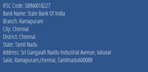 State Bank Of India Ramapuram Branch Chennai IFSC Code SBIN0018227