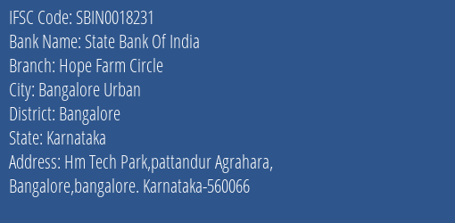 State Bank Of India Hope Farm Circle Branch, Branch Code 018231 & IFSC Code Sbin0018231