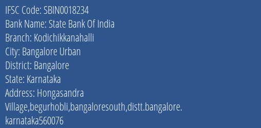 State Bank Of India Kodichikkanahalli Branch Bangalore IFSC Code SBIN0018234