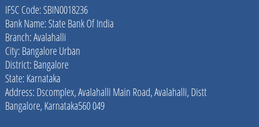 State Bank Of India Avalahalli Branch Bangalore IFSC Code SBIN0018236