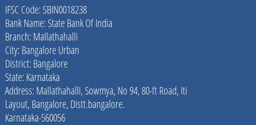State Bank Of India Mallathahalli Branch Bangalore IFSC Code SBIN0018238