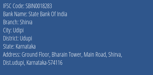 State Bank Of India Shirva Branch Udupi IFSC Code SBIN0018283