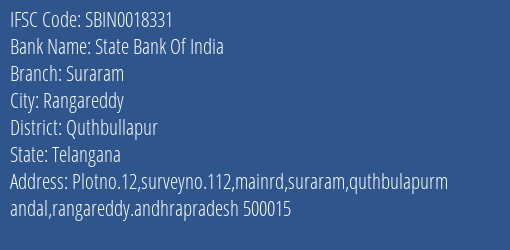 State Bank Of India Suraram Branch, Branch Code 018331 & IFSC Code SBIN0018331