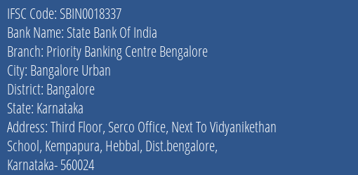 State Bank Of India Priority Banking Centre Bengalore Branch Bangalore IFSC Code SBIN0018337