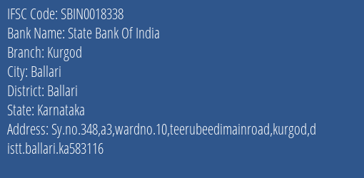 State Bank Of India Kurgod Branch, Branch Code 018338 & IFSC Code Sbin0018338