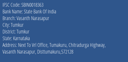 State Bank Of India Vasanth Narasapur Branch, Branch Code 018363 & IFSC Code Sbin0018363