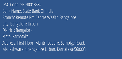 State Bank Of India Remote Rm Centre Wealth Bangalore Branch Bangalore IFSC Code SBIN0018382