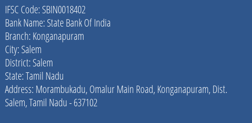 State Bank Of India Konganapuram Branch Salem IFSC Code SBIN0018402