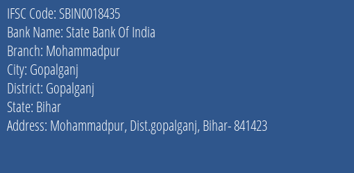 State Bank Of India Mohammadpur Branch Gopalganj IFSC Code SBIN0018435