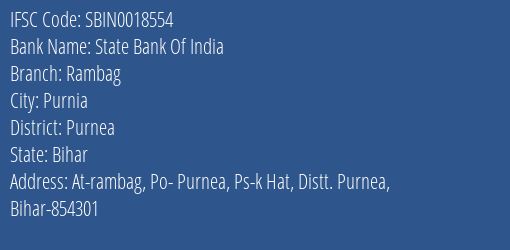 State Bank Of India Rambag Branch Purnea IFSC Code SBIN0018554
