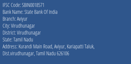 State Bank Of India Aviyur Branch Virudhunagar IFSC Code SBIN0018571