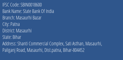 State Bank Of India Masaurhi Bazar Branch Masaurhi IFSC Code SBIN0018600