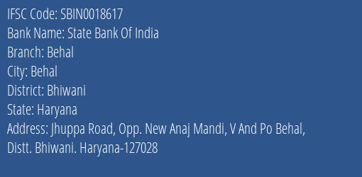 State Bank Of India Behal Branch Bhiwani IFSC Code SBIN0018617