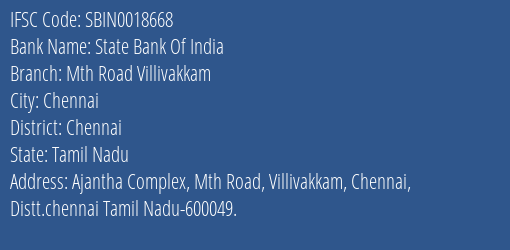 State Bank Of India Mth Road Villivakkam Branch Chennai IFSC Code SBIN0018668
