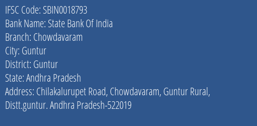 State Bank Of India Chowdavaram Branch Guntur IFSC Code SBIN0018793