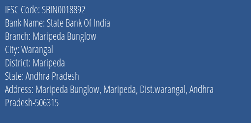 State Bank Of India Maripeda Bunglow Branch Maripeda IFSC Code SBIN0018892