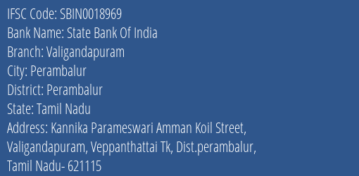 State Bank Of India Valigandapuram Branch, Branch Code 018969 & IFSC Code Sbin0018969