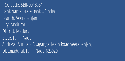 State Bank Of India Veerapanjan Branch, Branch Code 018984 & IFSC Code Sbin0018984