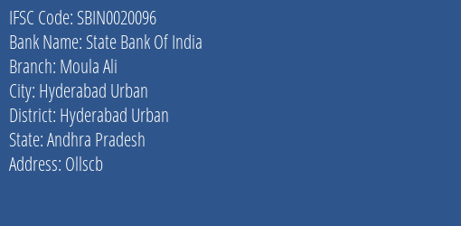 State Bank Of India Moula Ali Branch Hyderabad Urban IFSC Code SBIN0020096