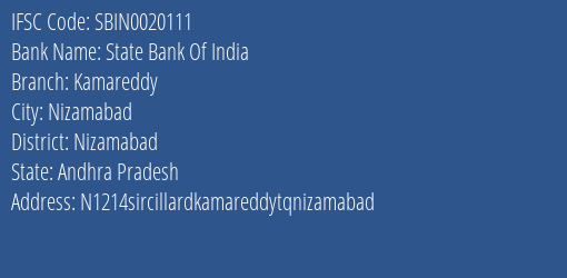 State Bank Of India Kamareddy Branch Nizamabad IFSC Code SBIN0020111