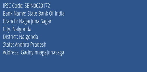 State Bank Of India Nagarjuna Sagar Branch Nalgonda IFSC Code SBIN0020172