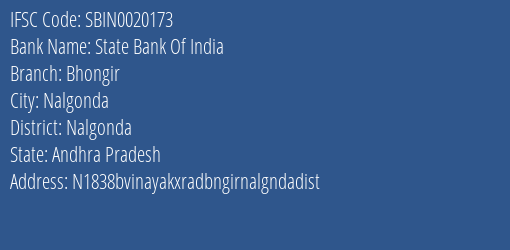State Bank Of India Bhongir Branch, Branch Code 020173 & IFSC Code SBIN0020173