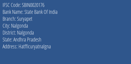State Bank Of India Suryapet Branch, Branch Code 020176 & IFSC Code SBIN0020176