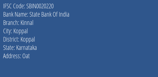 State Bank Of India Kinnal Branch Koppal IFSC Code SBIN0020220