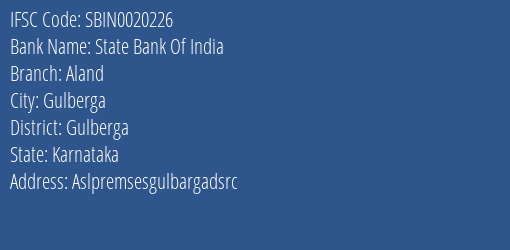 State Bank Of India Aland Branch, Branch Code 020226 & IFSC Code Sbin0020226