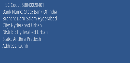 State Bank Of India Daru Salam Hyderabad Branch Hyderabad Urban IFSC Code SBIN0020401